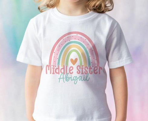 Personalised Big Middle and Little Sister Rainbow Cotton T-Shirts - Ideal Gift for New Siblings Pregnancy Announcement