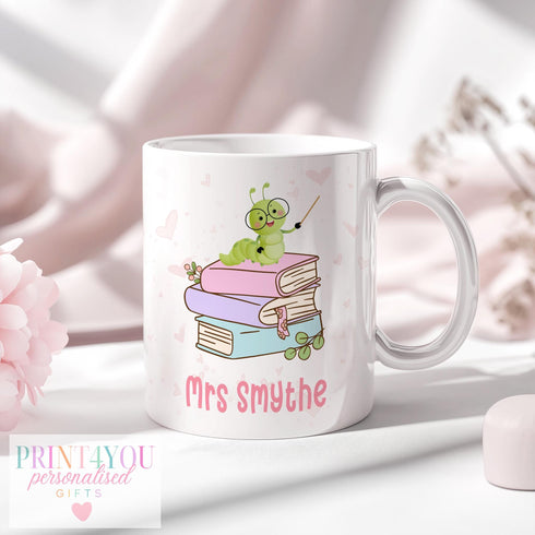 Personalised Teacher Mug - End of Year Thank You Gift - Pink or White Ceramic Cup, Books and Caterpillar