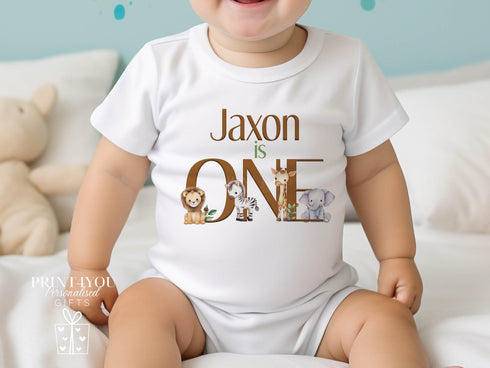 Personalised Safari First Birthday T-shirt, I am One, Sleepsuit, Vest or T-shirt
