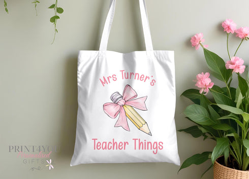 Personalised Tote Bag for Teachers Teacher Things Custom Name Gift with Pencil Bow Perfect End of Term Present for Educators