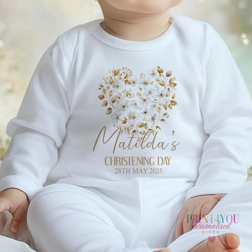 Personalised Baby Christening Outfit – Gold Flower Feart Design | Custom Printed Gift | Sleepsuit, Vest, Bib, PJs, or T-Shirt | 100% Cotton