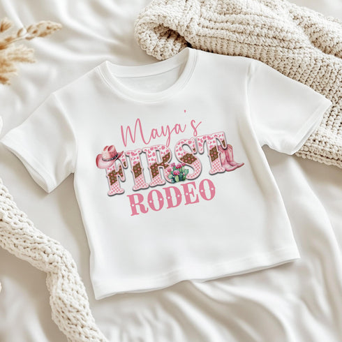 Personalised My First Rodeo T-Shirt for Girls - Pink Cowgirl Vest Sleepsuit or Pyjamas for 1st Birthday Party