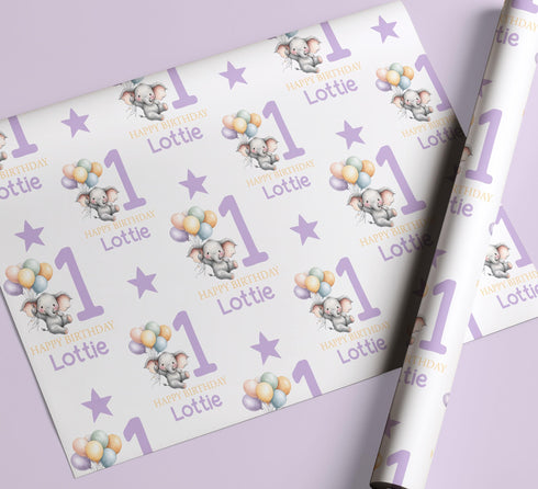 Personalised Birthday Wrapping Paper – Purple Elephant Design With Custom Name & Age