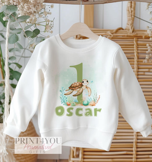 Personalised First Birthday Jumper, Birthday Sweatshirt for Children, I am One, Under the Sea Turtle