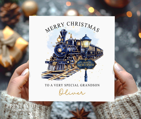 Personalised Christmas Card, Navy Express Train, Card for Daughter, Sister, Niece, Nephew, Grandaughter, Son, Brother, Nephew, Grandson