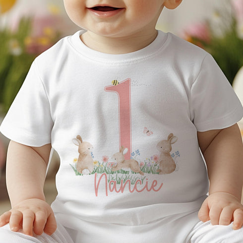 Personalised Bunny Rabbit First Birthday T-shirt, Sleepsuit, Vest or Bib, Blue Text