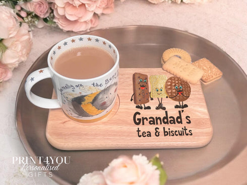Personalised Tea Mug Set – Custom Name Biscuit Mug & Wooden Snack Board Gift