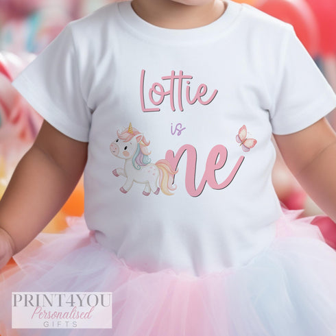 Personalised Unicorn 1st Birthday Outfit | Baby Girl Vest, Sleepsuit, T-Shirt, Bib or PJ Set | Pink Unicorn Birthday Gift