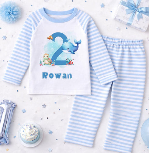 Boys Birthday Pyjamas – Personalised Ocean Theme PJs – Blue Stripe Sleepwear - 1-2yrs