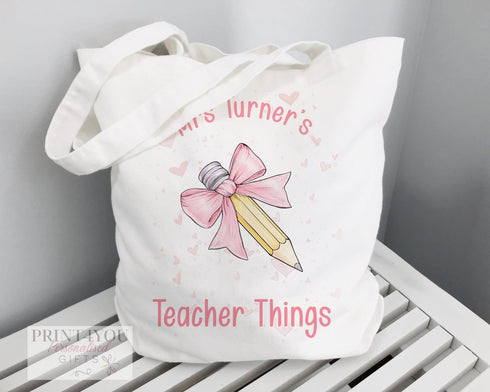 Personalised Cotton Tote Bag Thank You Teacher Gift Reusable Shopping Bag with Pink Pencil Bow