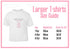 a white t-shirt with a personalized gift design, accompanied by a size guide for larger t-shirts.