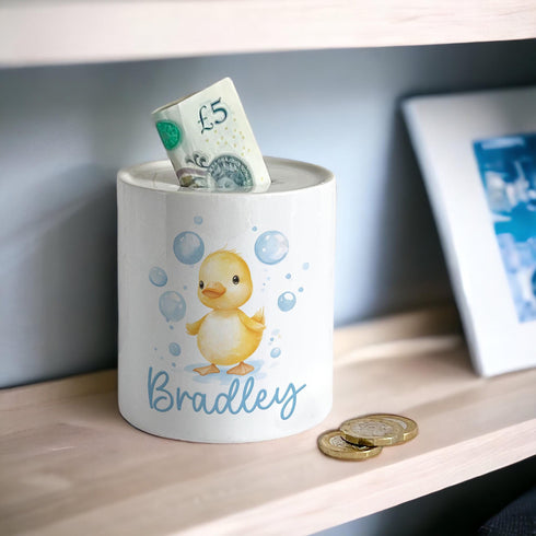 Personalised Ceramic White Money Box Coin Bank - Duck with bubbles with name