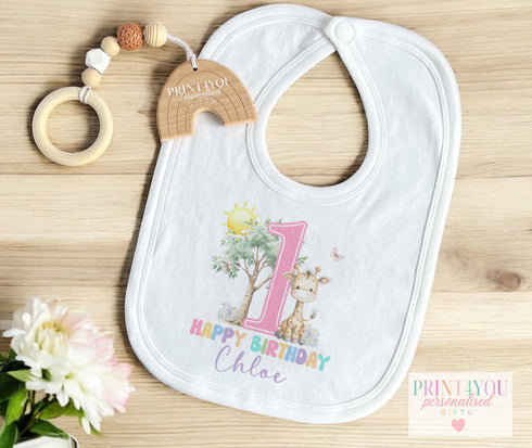 Personalised Pastel Pink Giraffe 1st Birthday Outfit | Baby Girl Vest, Bib, Sleepsuit or T-Shirt | Custom Name | First Birthday Gift