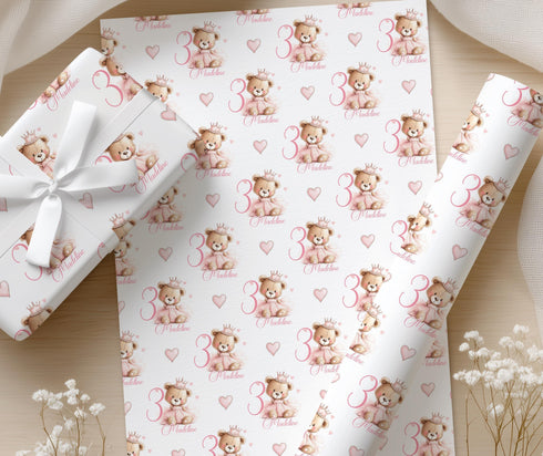 Personalised Birthday Wrapping Paper – Soft Pink Princess Bear Gift Wrap with Custom Name and Age Print
