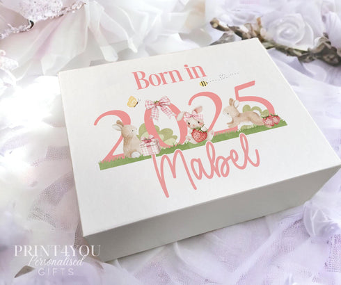 Born in 2025 Personalised Gift Box - Bunny Rabbits and Strawberries, Magnetic closed white box