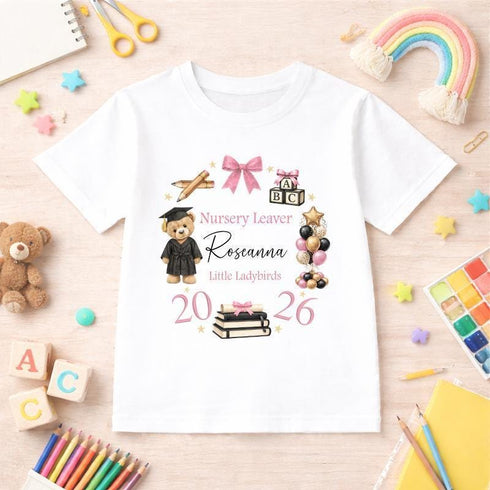 Personalised nursery leaver t-shirt featuring graduation teddy bear, books, balloons and school theme design with custom name, nursery name and year