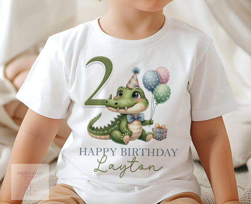 Personalised Crocodile Birthday T-Shirt ANY AGE - Cotton White Top, Any Age, Jungle Party Animals Celebration Party