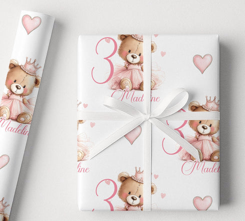 Personalised Birthday Wrapping Paper – Soft Pink Princess Bear Gift Wrap with Custom Name and Age Print