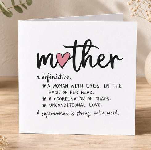 The image is a greeting card with a definition of a mother, accompanied by a list of characteristics that define a mother.