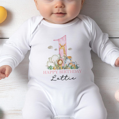 Personalised Pink Safari First Birthday T-shirt Sleepsuit Vest or Bib