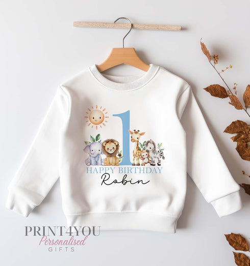 Personalised Jungle Safari Jumper for First Birthday - Adorable Sweatshirt in Blue Green or Pink