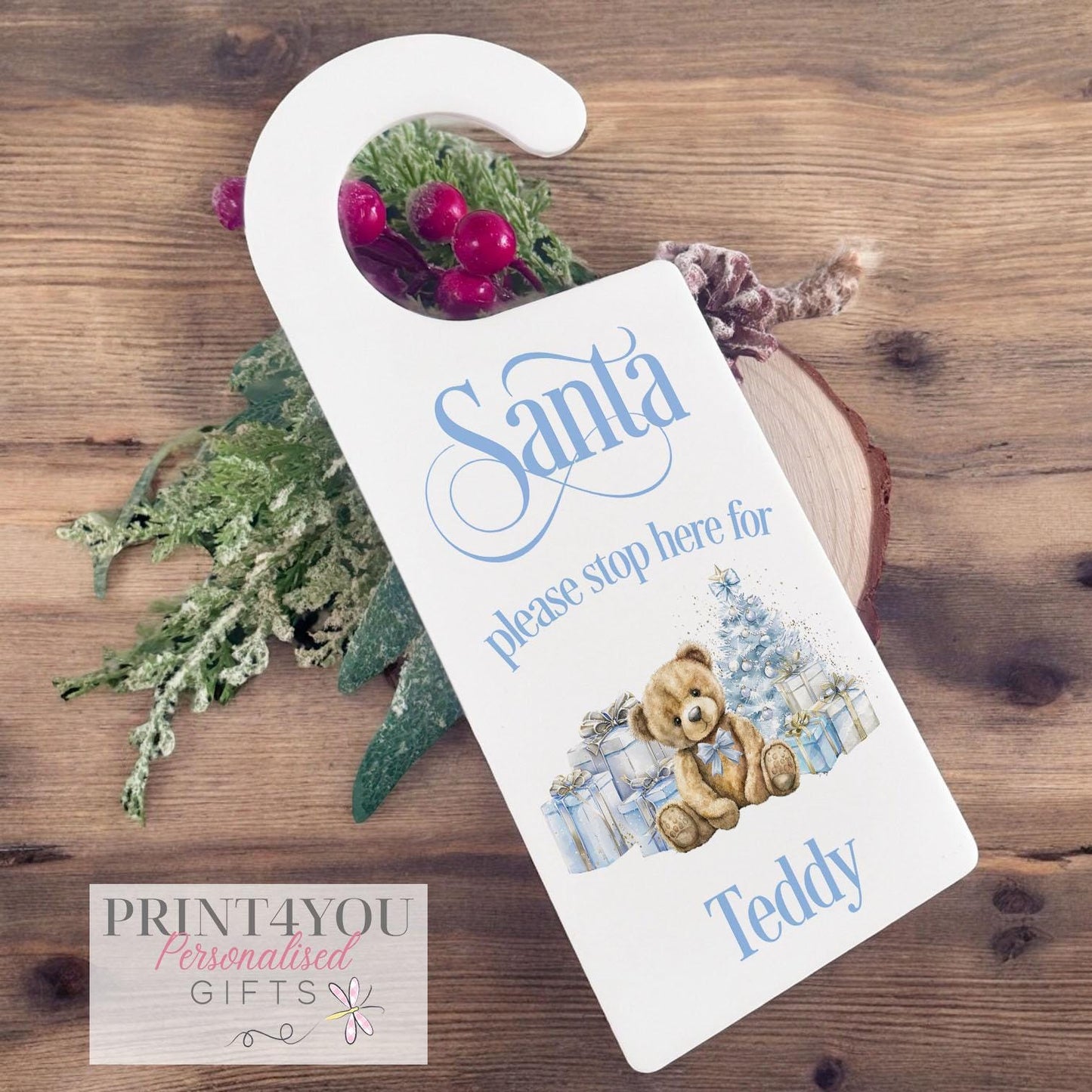Personalised Santa Stop Here Sign – Christmas Door Hanger with Blue Teddy Bear Ornament