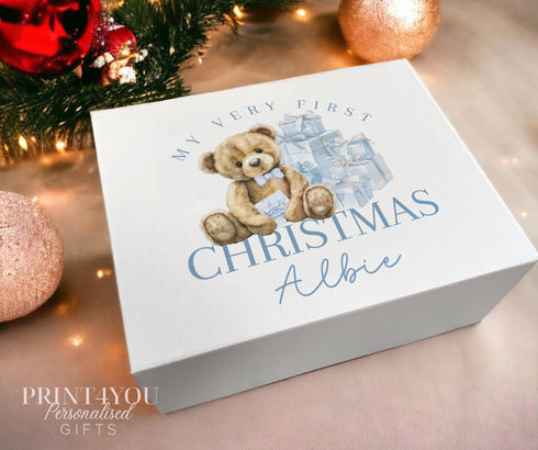 Christmas Eve Personalised Gift Box, Baby's First Xmas Keepsake Box, Magnetic Closure White Box, Blue Teddy Bear