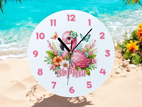 Personalised Childrens Acrylic Clock Tropical Pink Flamingo 24.5cm Wide Ideal Gift for Girls.