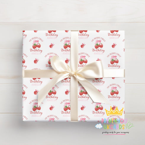 Personalised Birthday Wrapping Paper - Custom Name Strawberry Gift Wrap For Baby Girl