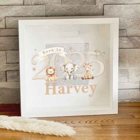 Personalised White Wooden Money Box Frame | Custom Name | Savings Bank | Gift Idea | Born in 2025 Neutral Safari | New baby Gift Ideas