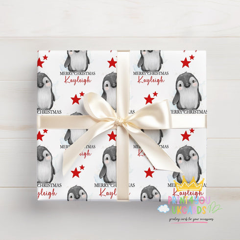 Personalised Christmas Wrapping Paper - Cute Penguin Design With Festive Red Stars Roll Or Sheet