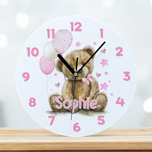 Personalised Childrens Acrylic Clock - Pink Teddy Bear with Balloons Ideal New Baby Girl Gift - 245cm Wide.