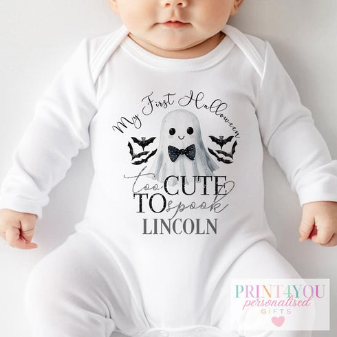 Too Cute to Spook Baby Halloween Outfit | My First Halloween Personalised Vest, T-Shirt, Bib or Sleepsuit | DTG Printed Gift
