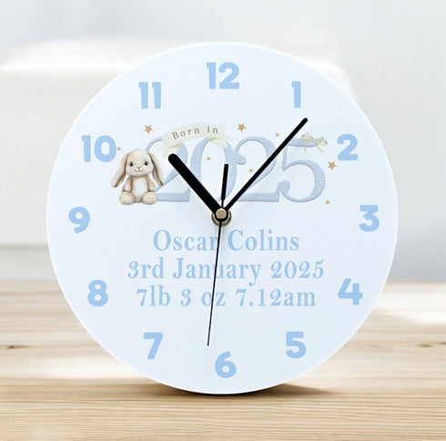 Personalised Acrylic Clock for New Baby Blue Bunny Rabbit Nursery Decor Perfect Gift for Boys Born in 2025 24.5cm Wide