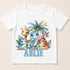 A white t-shirt with a colorful illustration of various cartoon-style dinosaurs and animals, including a smiling dinosaur and a palm tree. The word "ABLIE" is written below the illustration.