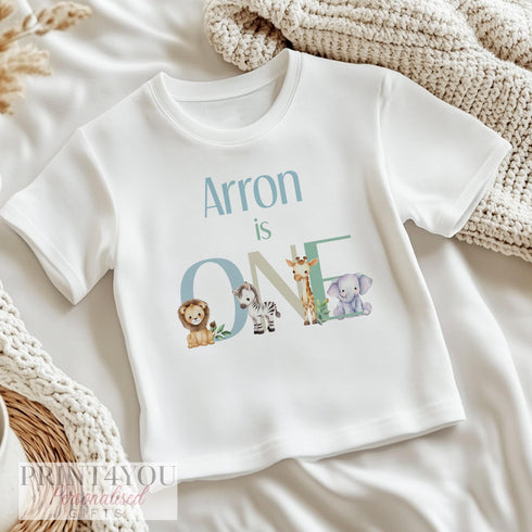 Personalised 1st Birthday Baby Grow, Safari Animal Baby Boy Vest, Jungle Theme ONE Bodysuit, Custom Name Outfit, Blue First Birthday Gift