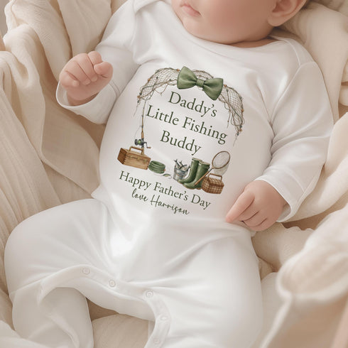Personalised baby vest Daddy’s Little Fishing Buddy Father’s Day outfit, custom name baby grow fishing theme, newborn gift for dad UK