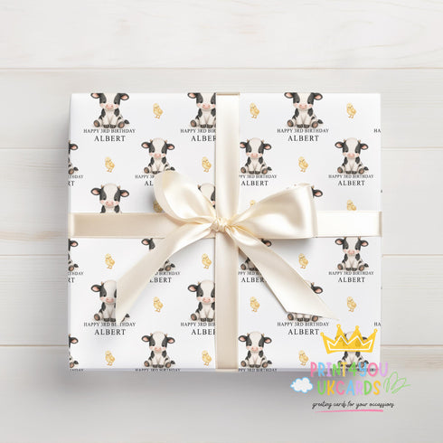 Personalised Cow Wrapping Paper - Custom Name & Age Birthday Gift Wrap