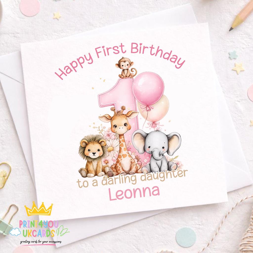 Square 1st birthday keepsake card shown in a pink safari animal design