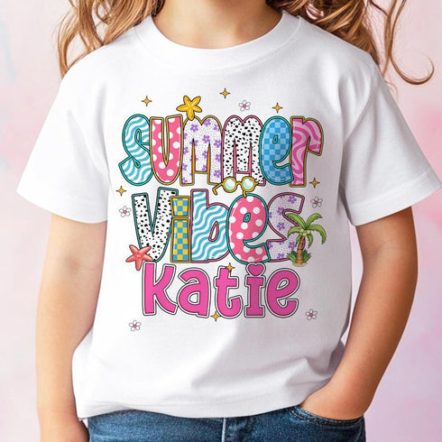 Personalised Summer Vibes T-Shirt for Kids Ideal Holiday Outfit Ages 6m-10yrs