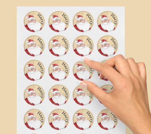 Personalised Vintage Santa Christmas Stickers | Glossy Round Labels | 5cm Roll or 4.5cm A4 Sheet | Custom Name Gift Seals