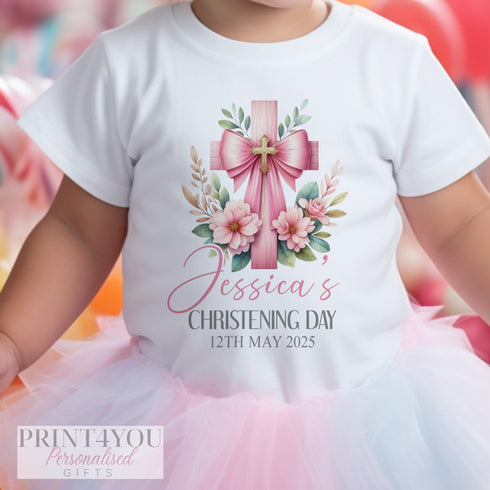Personalised Baby Christening Outfit – Pink Cross Design | Custom DTG Printed Gift | Sleepsuit, Vest, Bib, PJs, or T-Shirt | 100% Cotton