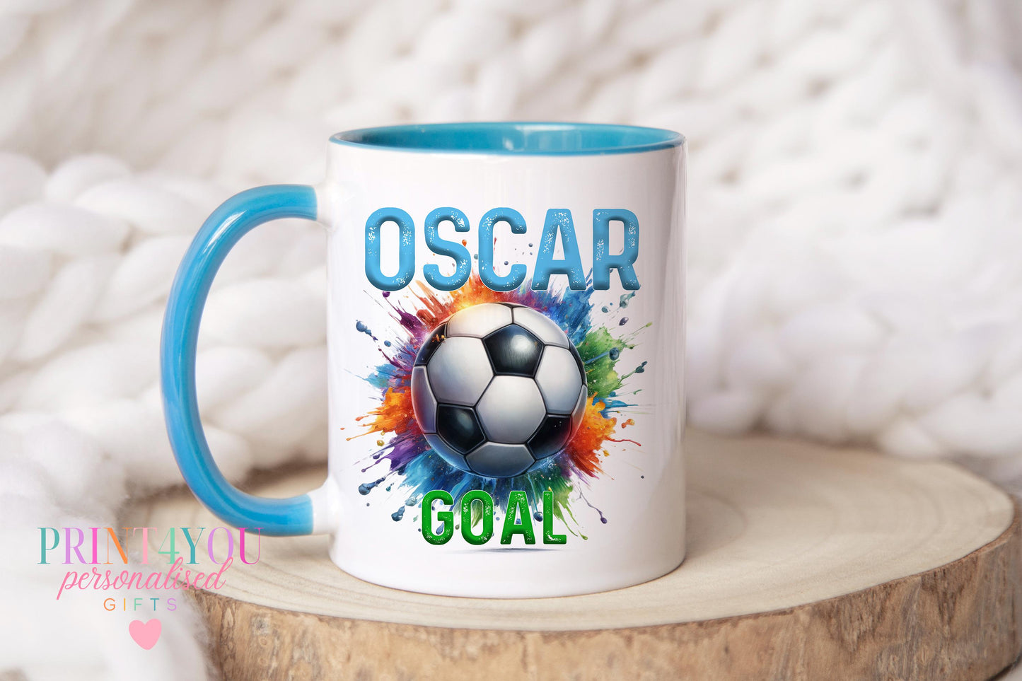 Personalised Football Mug – Blue Handle Ceramic Cup for Boys – Custom Kids Gift - Full white mug