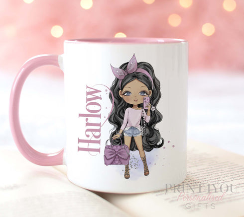 Designer Fashion Girls Personalised Gift White Mug, Pink coloured trim, Hair and Skin Variations