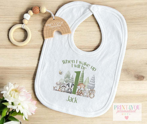 Woodland 1st Birthday Outfit | “When I Wake Up I’ll Be One” Personalised Baby Vest, T-Shirt or Sleepsuit | Forest Animal Design