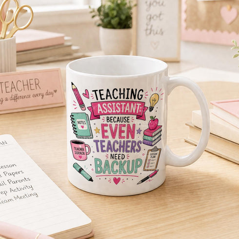 Teaching assistant mug funny backup teacher gift, TA mug with colourful school design, teacher aide present books pencil apple UK