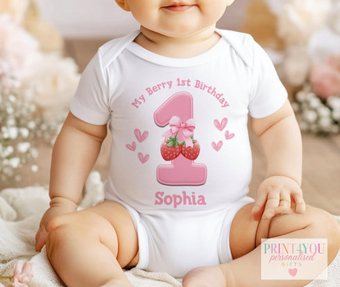 Personalised My Berry First Birthday | Berry 1st Birthday Baby T-Shirt | Pink Strawberry Birthday Outfit for Girls | Sleepsuit Vest and Bib