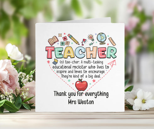 Thank You Teacher Card β Personalised End of Term Card β 6x6 White Greeting Card β Thick Quality Card β Nursery, TA, School Staff Gift
