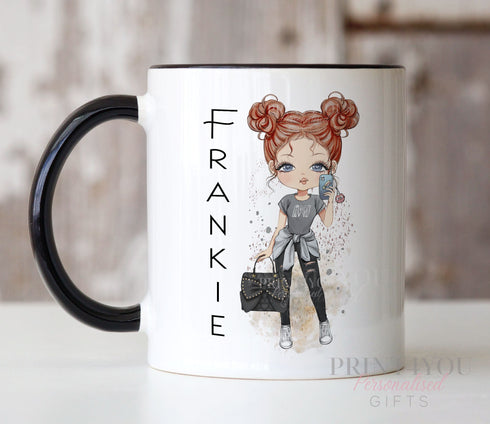 Personalised Gift Mug – Custom Ceramic Mug With Black Trim – Fashion Girls Design - Black handled Mug