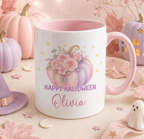 Personalised pastel floral pumpkin Halloween mug with pink and purple pumpkins, custom name autumn coffee mug for girls and women